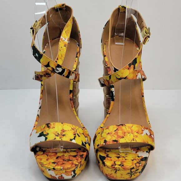 Cottagecore 9M Open Toe Yellow Floral Strappy 5" Block Heels Sandals Boho Retro - Picture 2 of 9